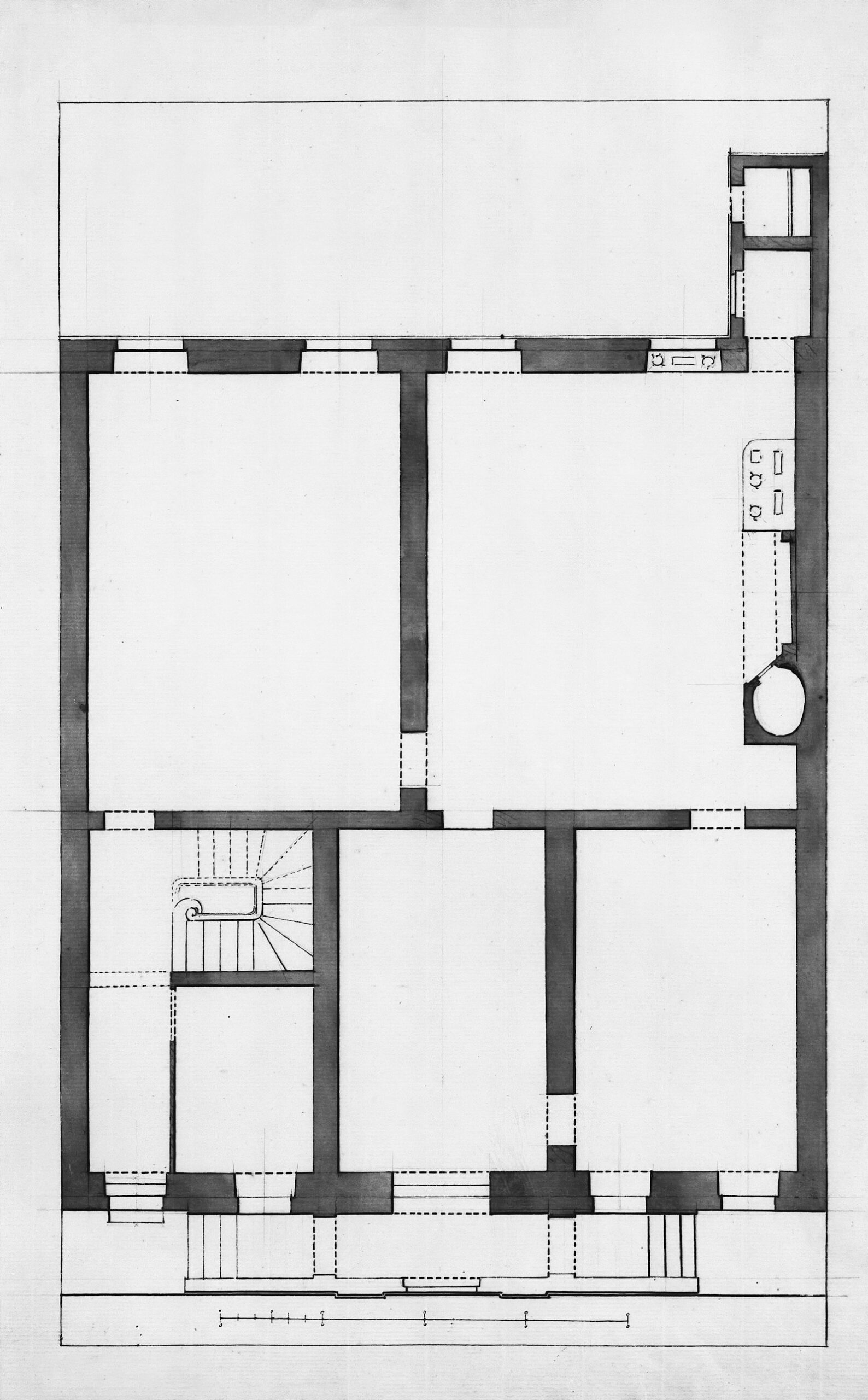 Planimetria d'epoca di un edificio: stanze e scala disegnate a china