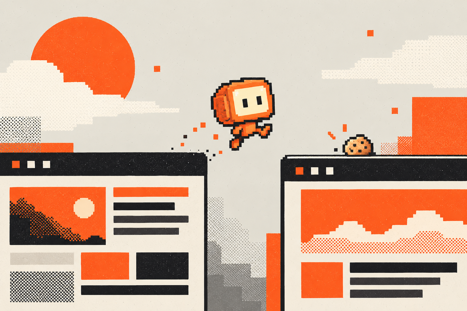 Una mascotte pixel-art con testa a televisore arancione salta tra due pannelli di una pagina web, verso un biscotto.